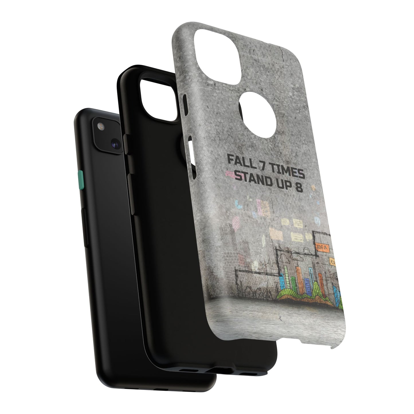 Fall 7 Times, Stand Up 8: motiverende case voor iPhone-, Galaxy- en Pixel-telefoons