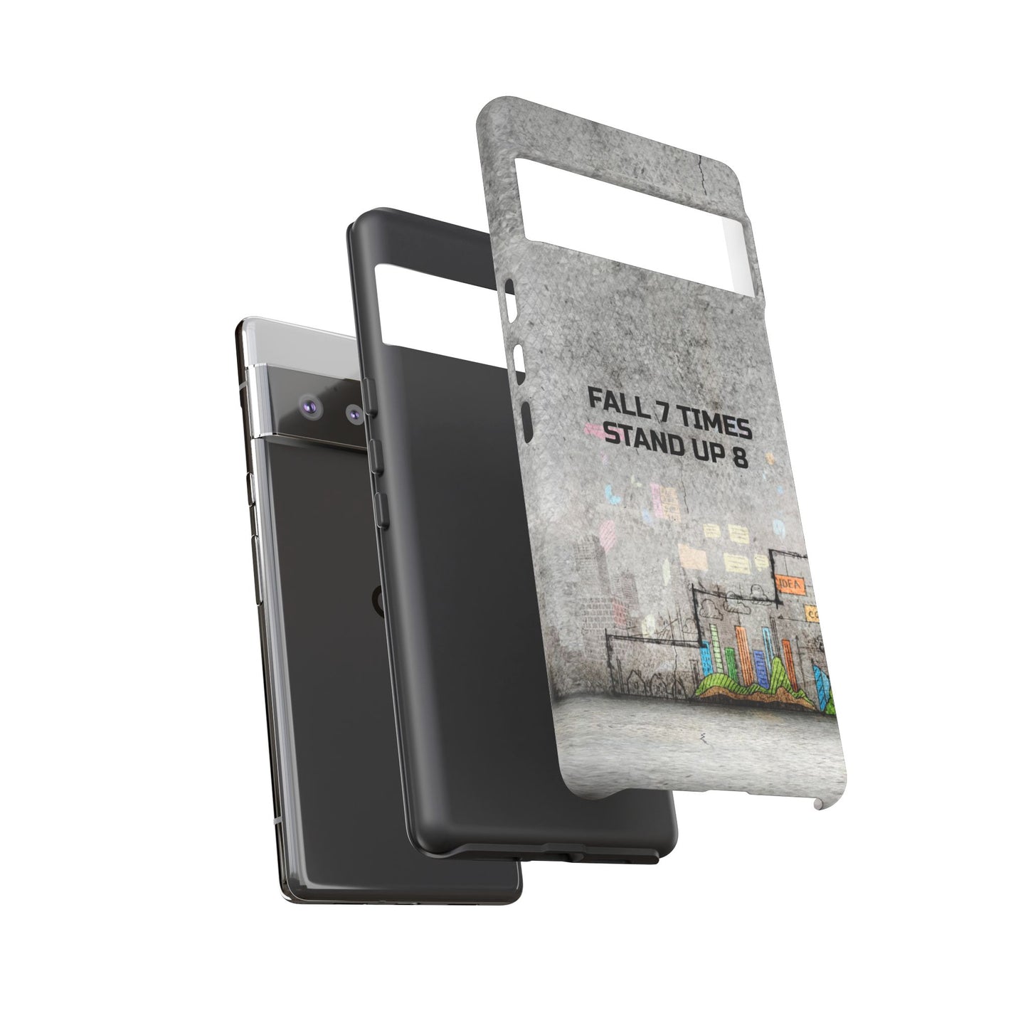 Fall 7 Times, Stand Up 8: motiverende case voor iPhone-, Galaxy- en Pixel-telefoons