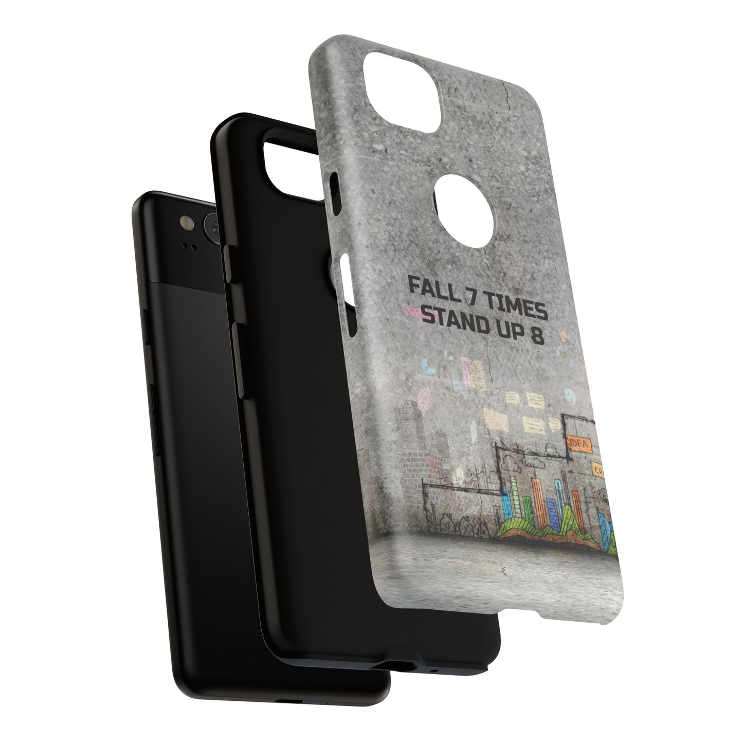 Fall 7 Times, Stand Up 8: motiverende case voor iPhone-, Galaxy- en Pixel-telefoons