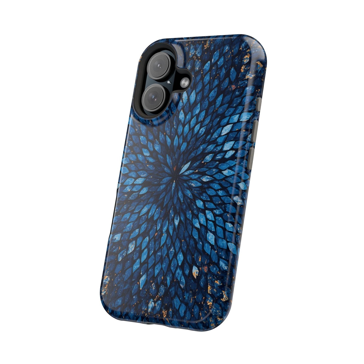Inspiring Phone Cases Glass Feathers magnetic phone case featuring a vibrant blue abstract feather pattern