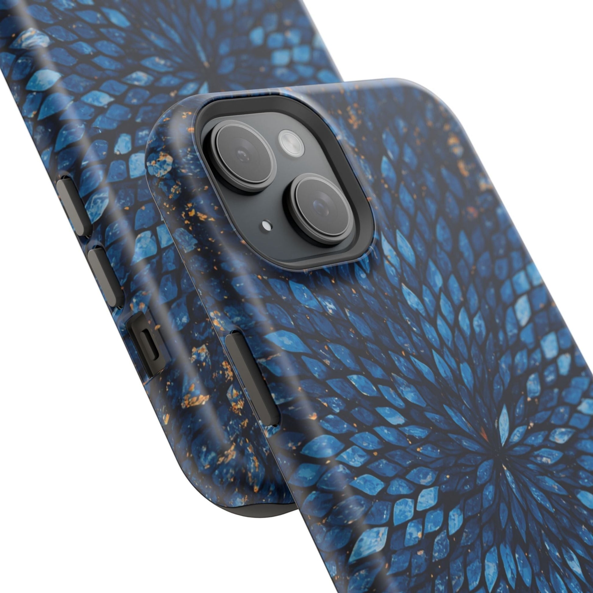Inspiring Phone Cases Glass Feathers magnetic phone case in vibrant blue with a detailed feather pattern.