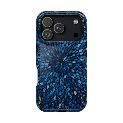 Inspiring Phone Cases Glass Feathers magnetic phone case in vibrant blue with a detailed feather pattern.