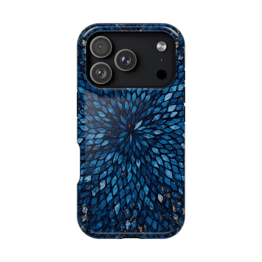 Inspiring Phone Cases Glass Feathers magnetic phone case in vibrant blue with a detailed feather pattern.