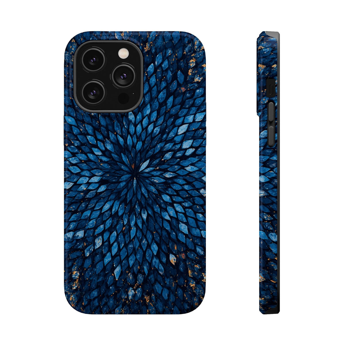 Inspiring Phone Cases Glass Feathers magnetic case in vibrant blue with a detailed feather pattern for smartphones.