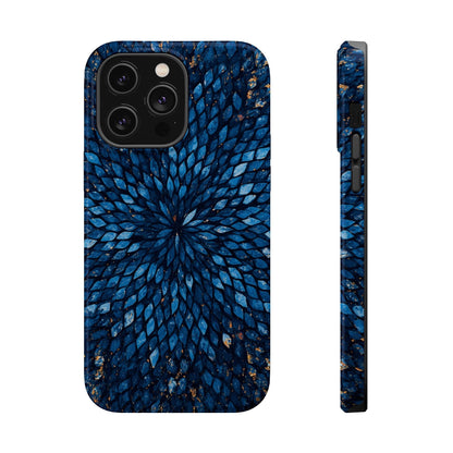 Inspiring Phone Cases Glass Feathers magnetic case in vibrant blue with a detailed feather pattern for smartphones.