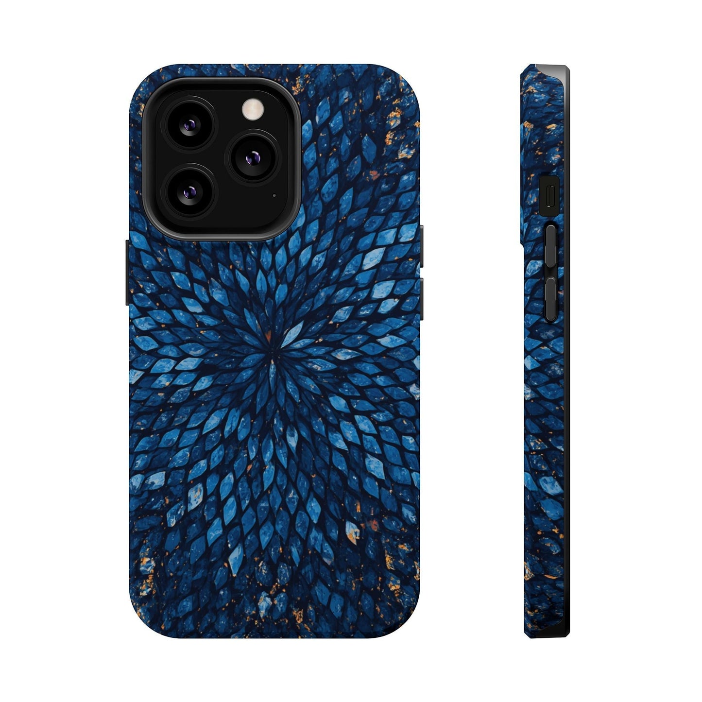 Inspiring Phone Cases Glass Feathers magnetic phone case in vibrant blue with a detailed feather pattern.
