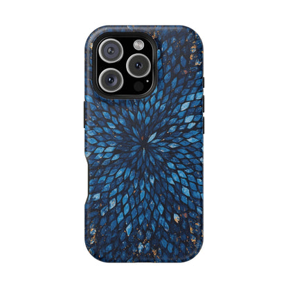 Inspiring Phone Cases Glass Feathers magnetic phone case in vibrant blue with a detailed feather pattern.