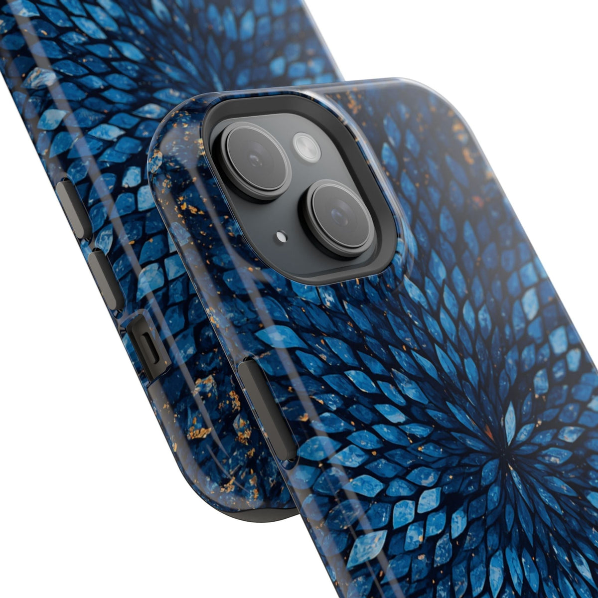 Inspiring Phone Cases Glass Feathers magnetic phone case in vibrant blue with a detailed feather pattern.