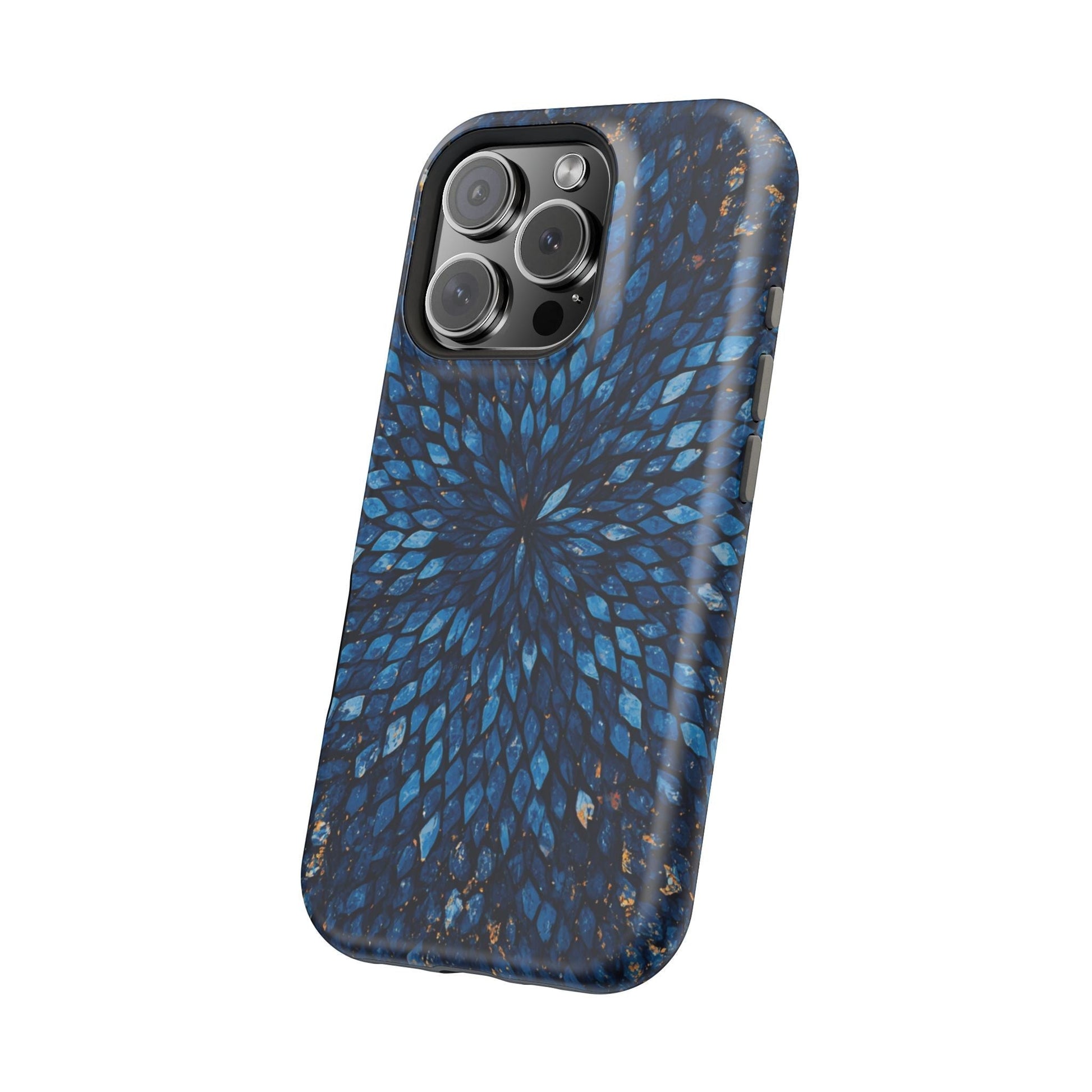 Inspiring Phone Cases blue magnetic phone case with a vibrant glass feather pattern for iPhone and Samsung Galaxy.