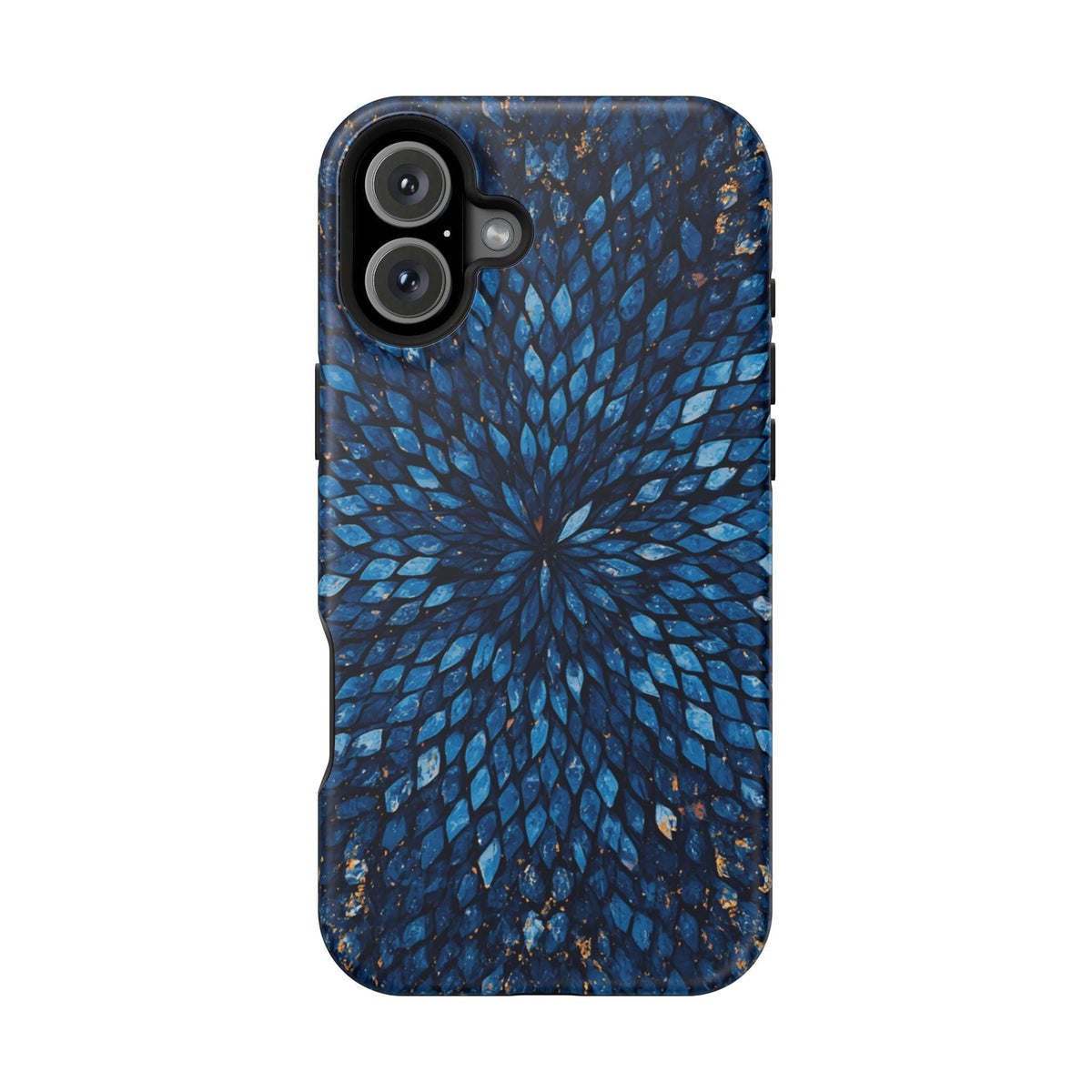 Inspiring Phone Cases Glass Feathers magnetic phone case with a vibrant blue feather pattern on a white background.