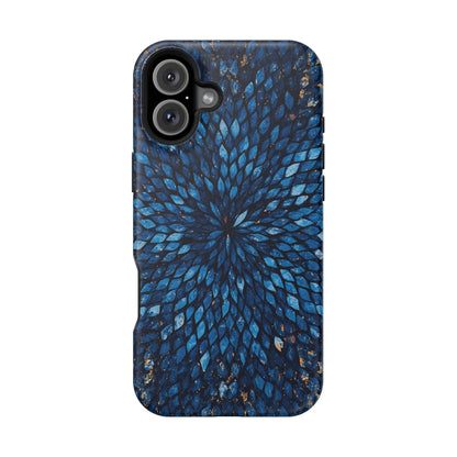 Inspiring Phone Cases Glass Feathers magnetic phone case with a vibrant blue feather pattern on a white background.