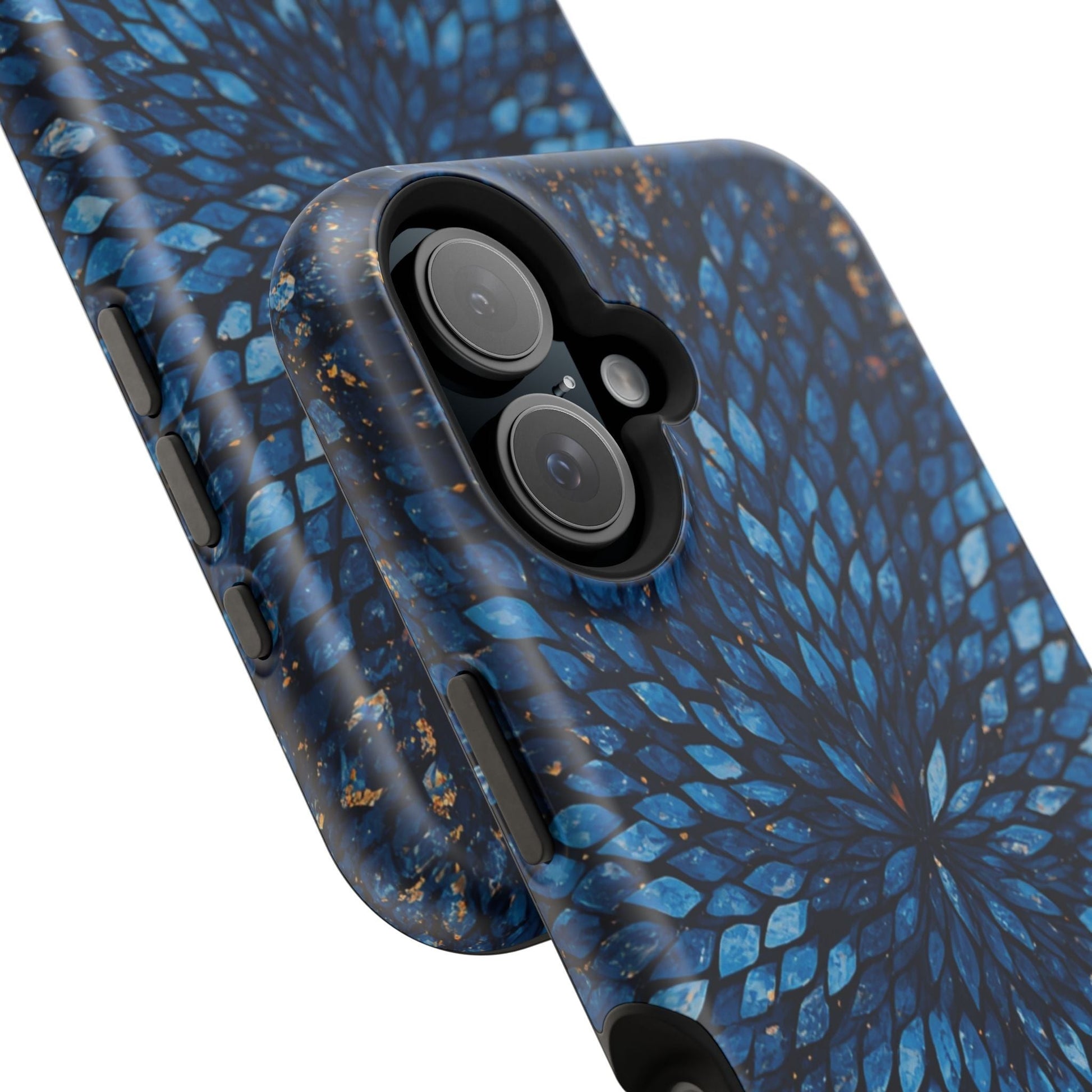 Inspiring Phone Cases Glass Feathers magnetic phone case with vibrant blue feather pattern for iPhone and Samsung.