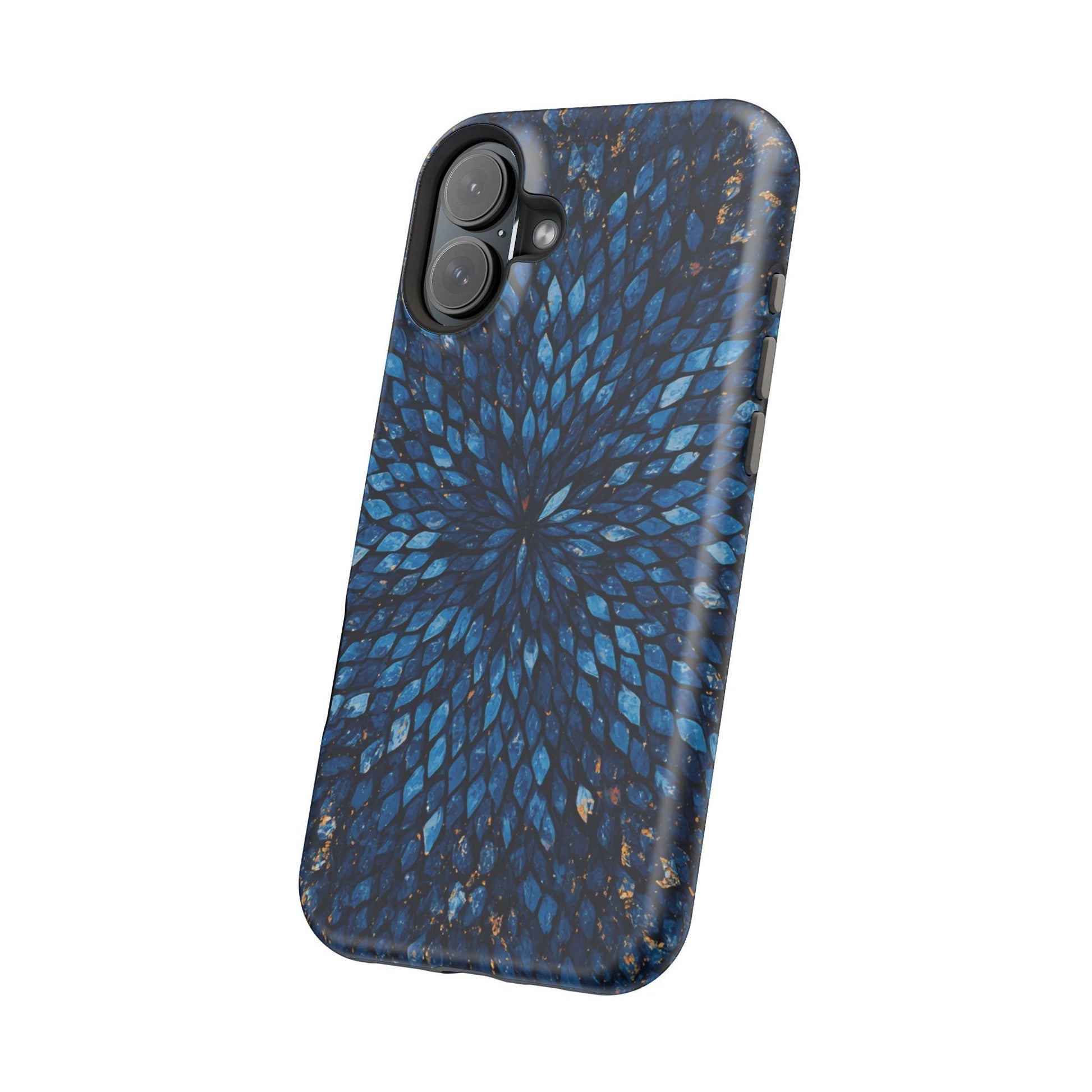 Inspiring Phone Cases Glass Feathers magnetic phone case in vibrant blue with a detailed feather pattern.