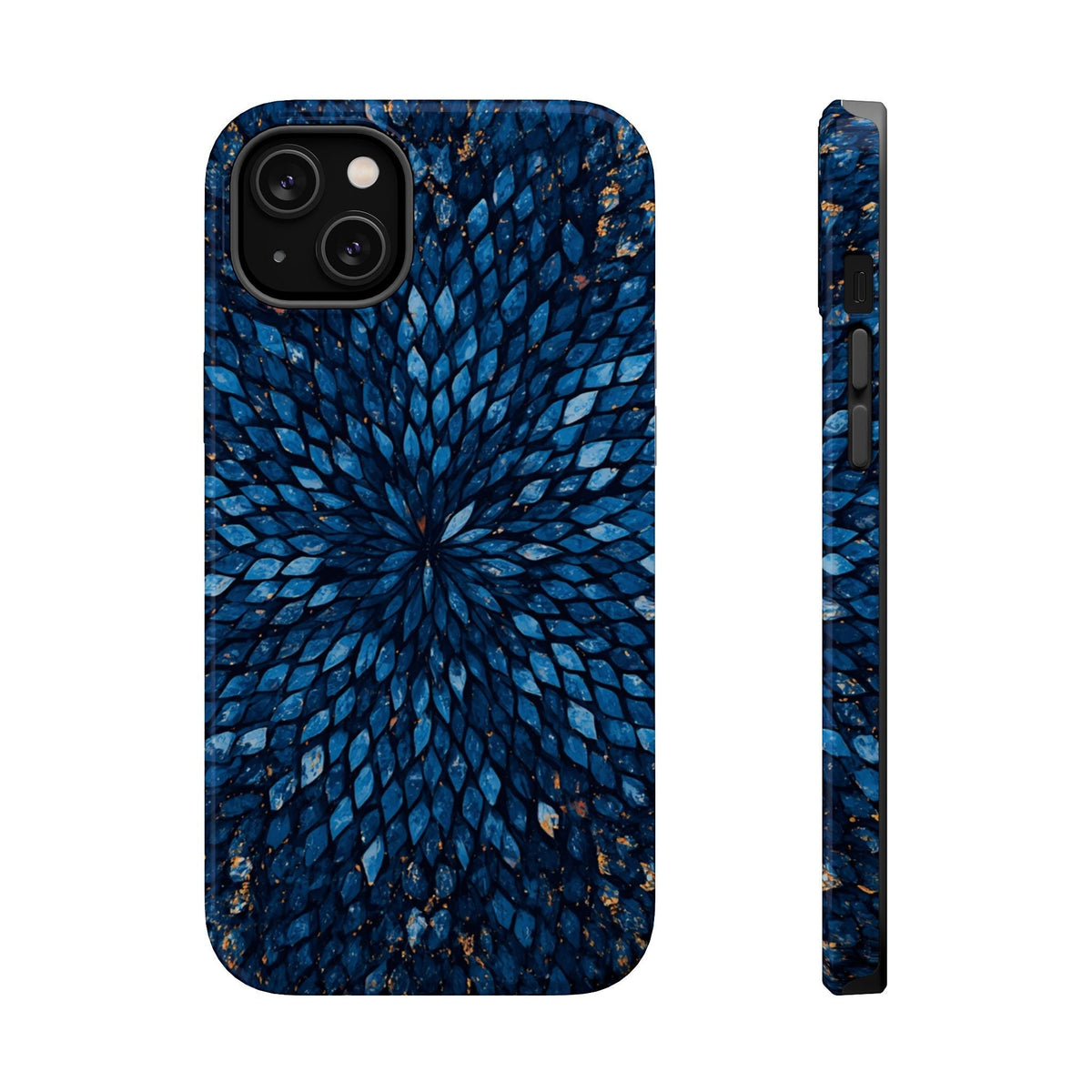 Inspiring Phone Cases Glass Feathers magnetic phone case in vibrant blue with a detailed feather pattern.