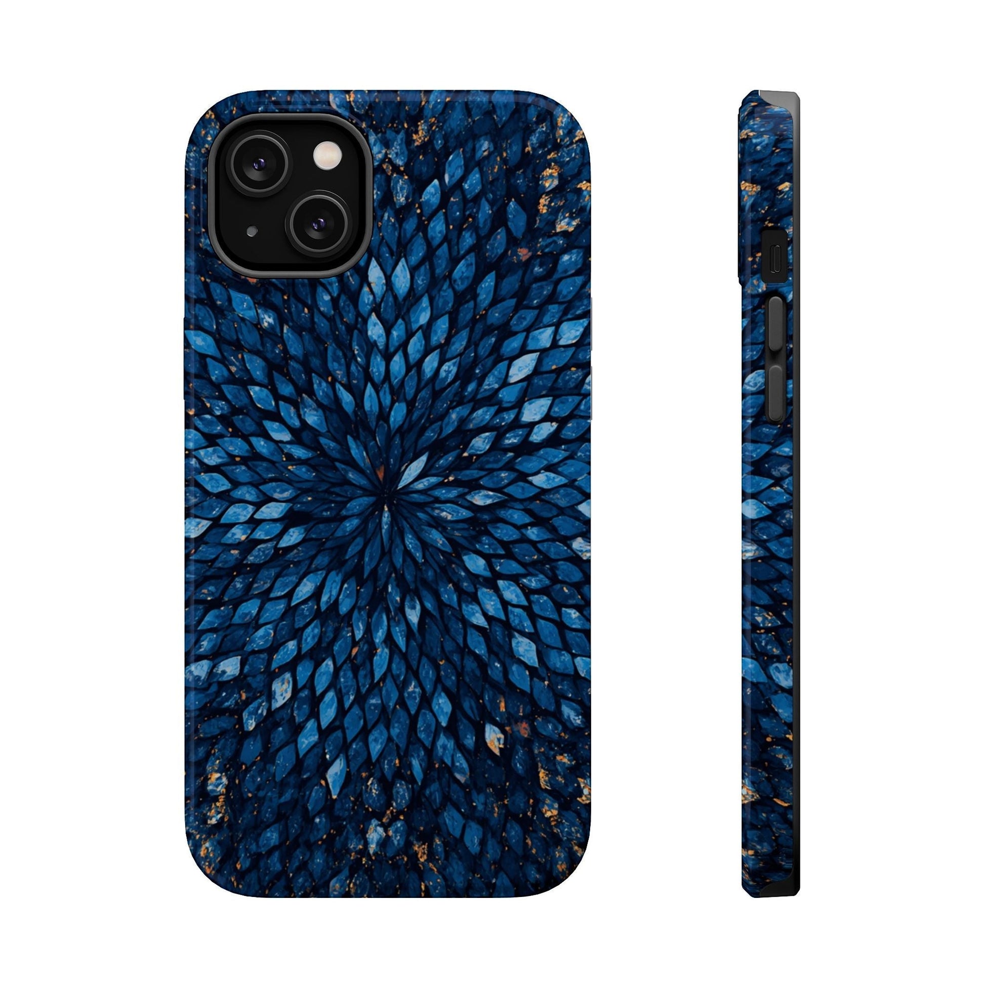 Inspiring Phone Cases Glass Feathers magnetic phone case in vibrant blue with a detailed feather pattern.