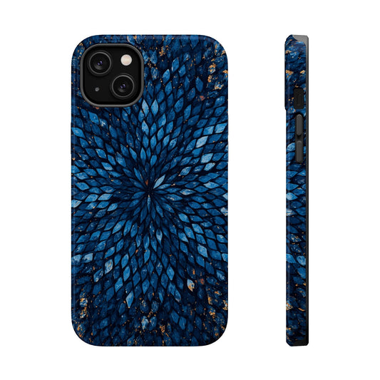 Inspiring Phone Cases Glass Feathers magnetic phone case in vibrant blue with a detailed feather pattern.