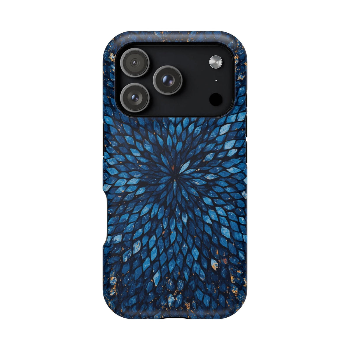 Inspiring Phone Cases Glass Feathers magnetic phone case with a vibrant blue feather pattern on a smartphone.