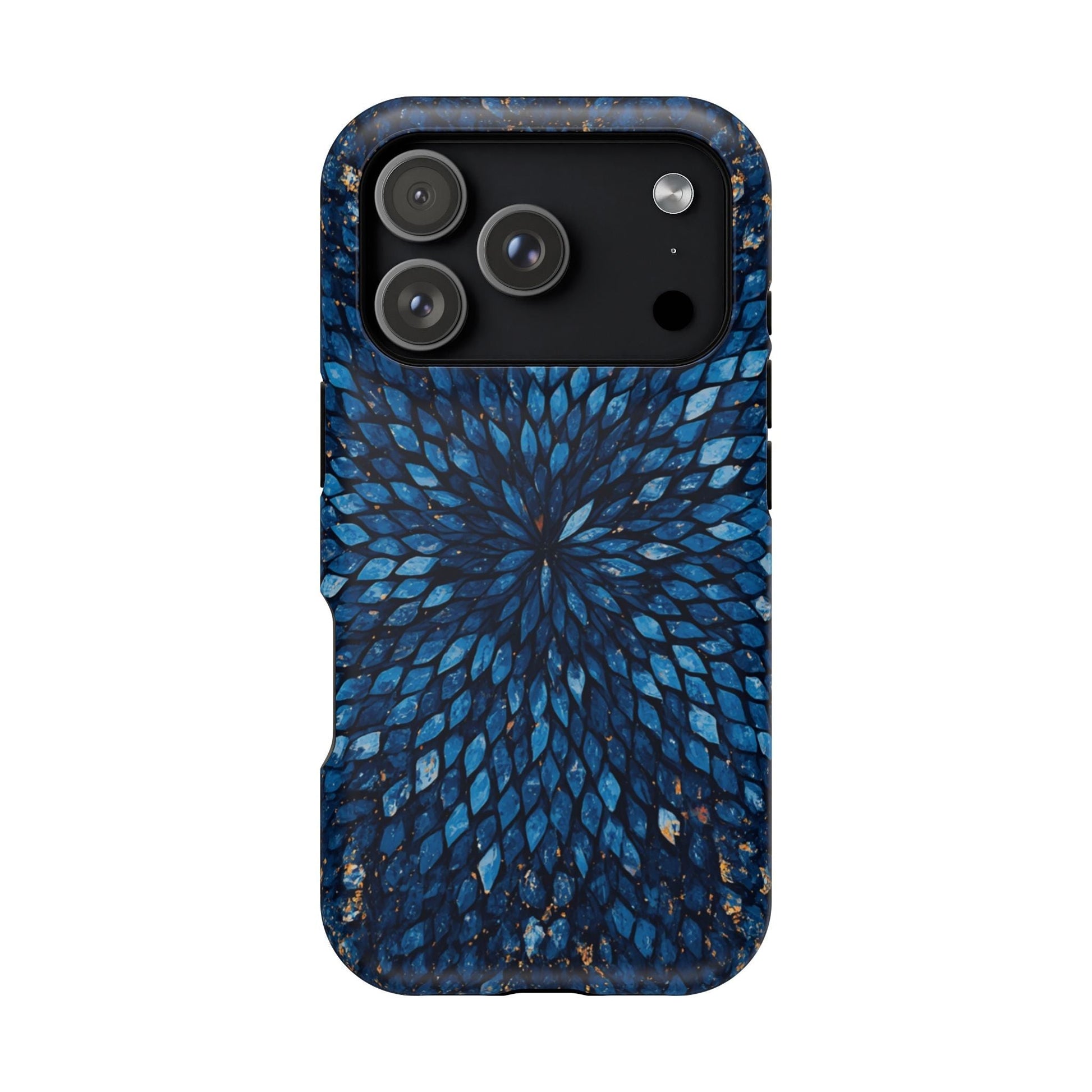 Inspiring Phone Cases Glass Feathers magnetic phone case with a vibrant blue feather pattern on a smartphone.