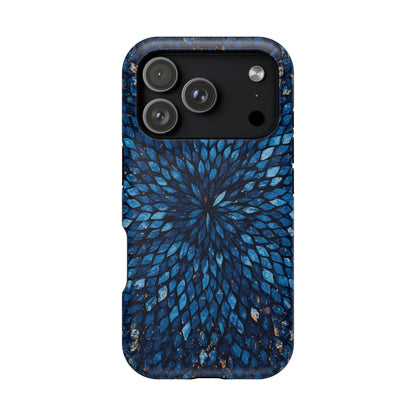 Inspiring Phone Cases Glass Feathers magnetic phone case with a vibrant blue feather pattern on a smartphone.