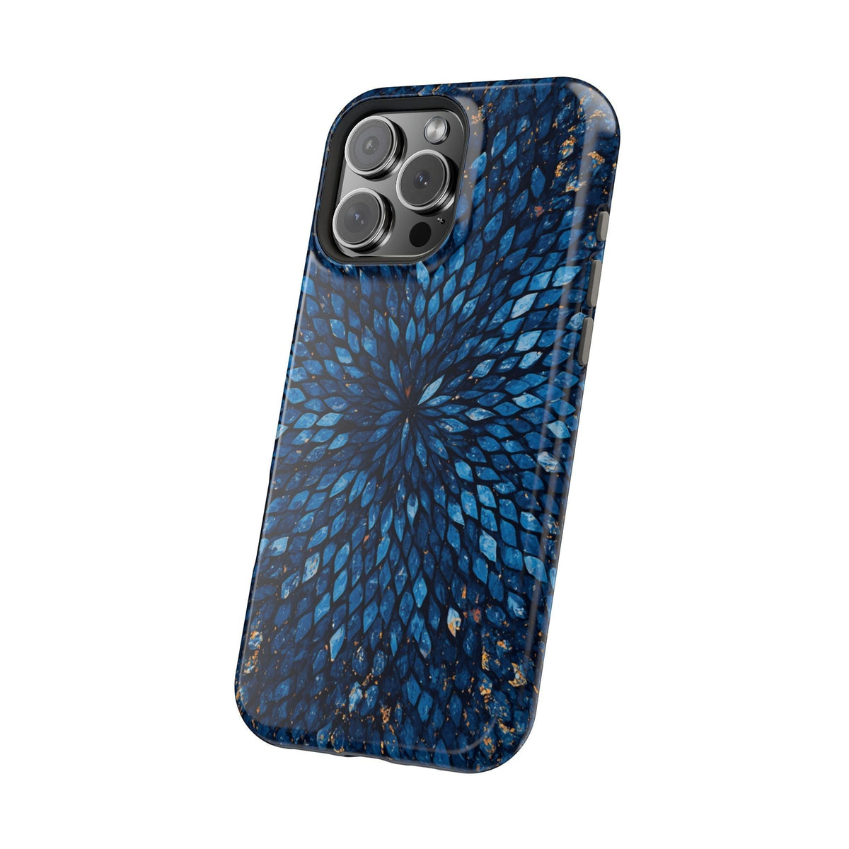 Inspiring Phone Cases Glass Feathers magnetic phone case in vibrant blue with a detailed feather pattern.