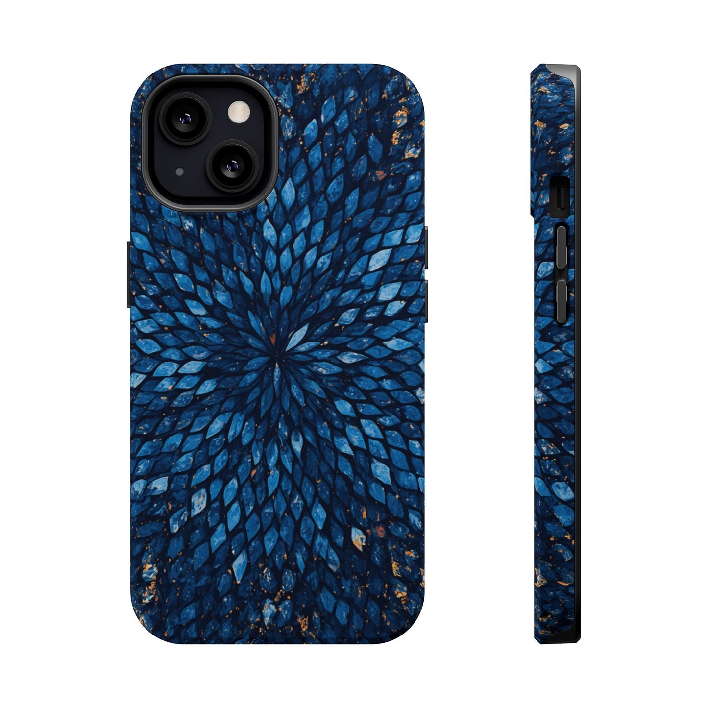 Inspiring Phone Cases Glass Feathers magnetic phone case in vibrant blue with a detailed feather pattern.