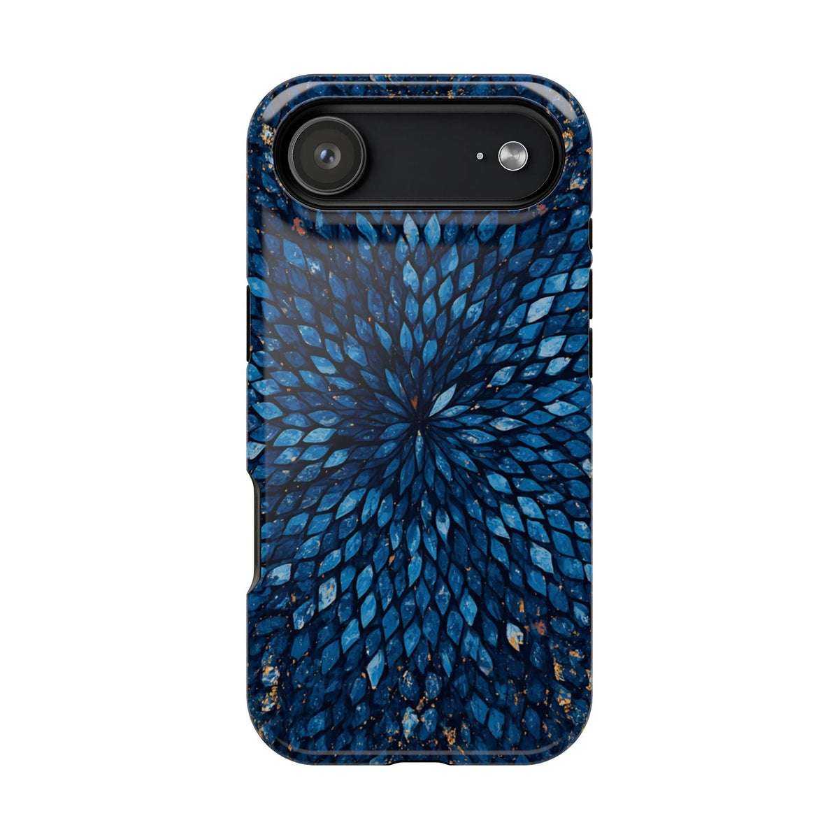 Inspiring Phone Cases magnetic phone case with a vibrant blue glass feather pattern and protective camera cutout.