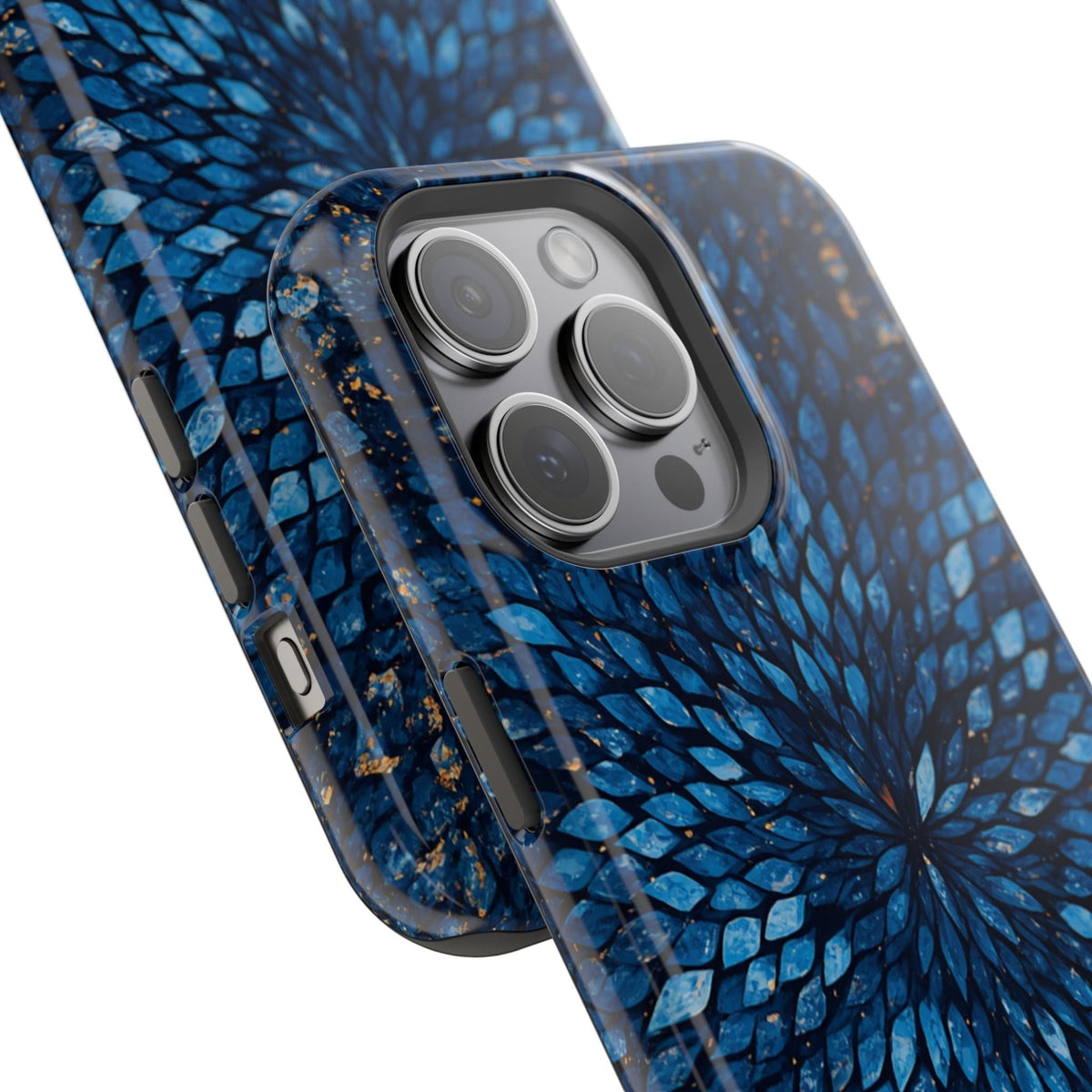 Inspiring Phone Cases Glass Feathers magnetic phone case in vibrant blue with a detailed feather pattern.