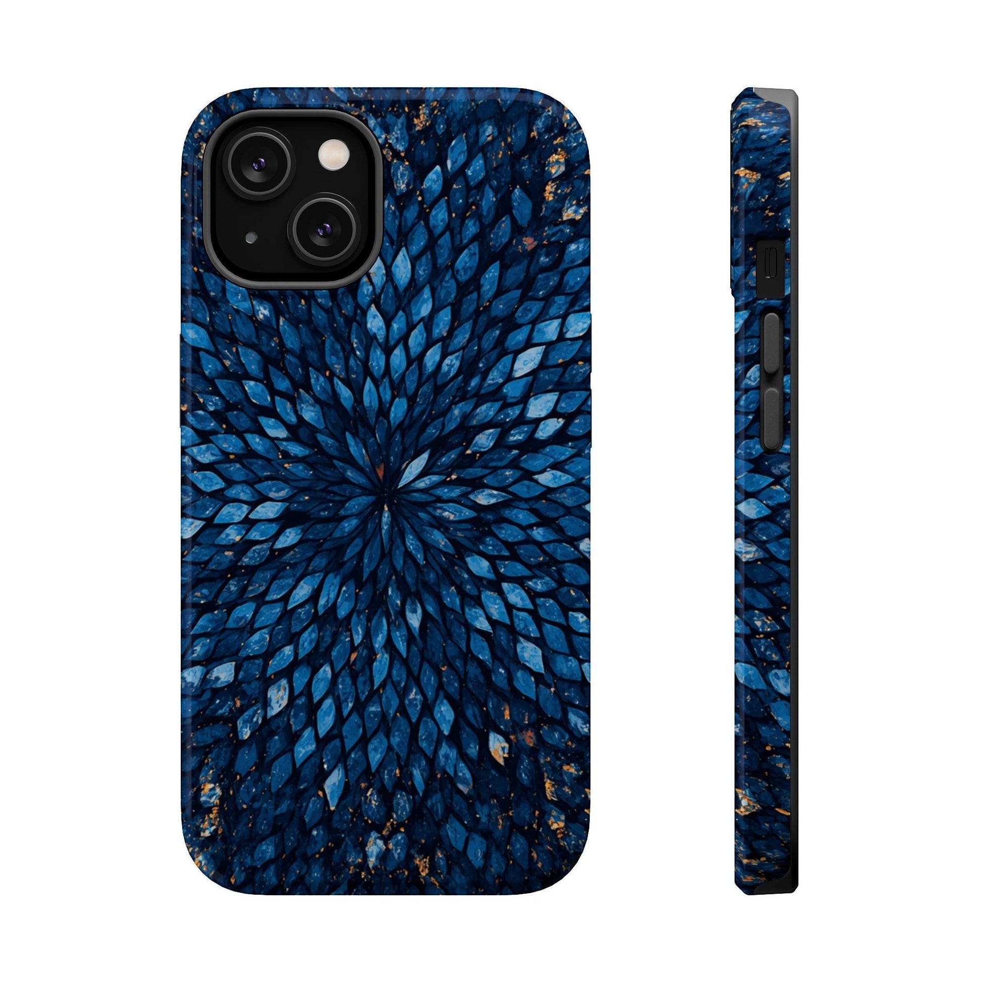 Inspiring Phone Cases Glass Feathers magnetic phone case in vibrant blue with a radial feather pattern for iPhone and Samsung