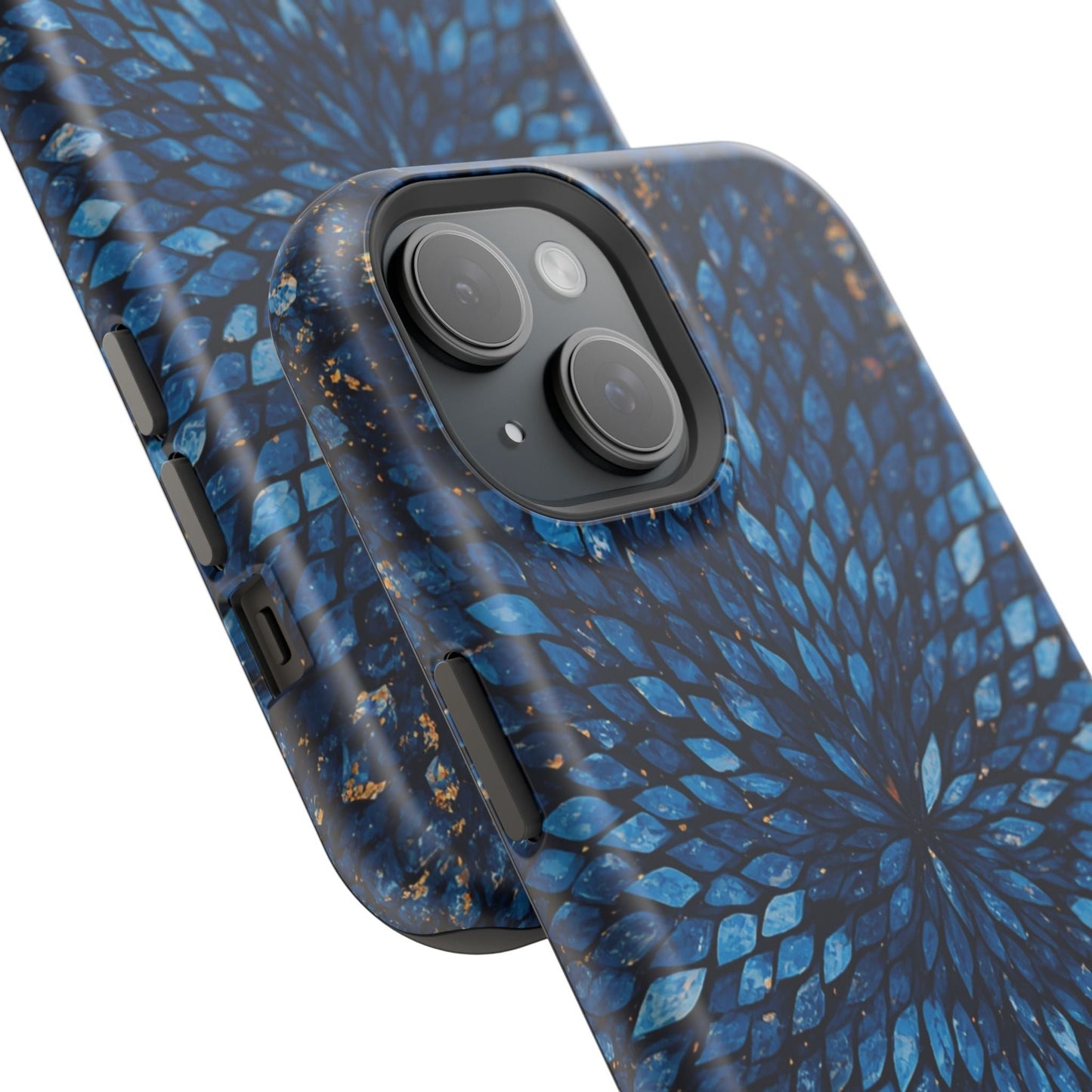 Inspiring Phone Cases Glass Feathers magnetic phone case with a vibrant blue feather pattern on a white background.