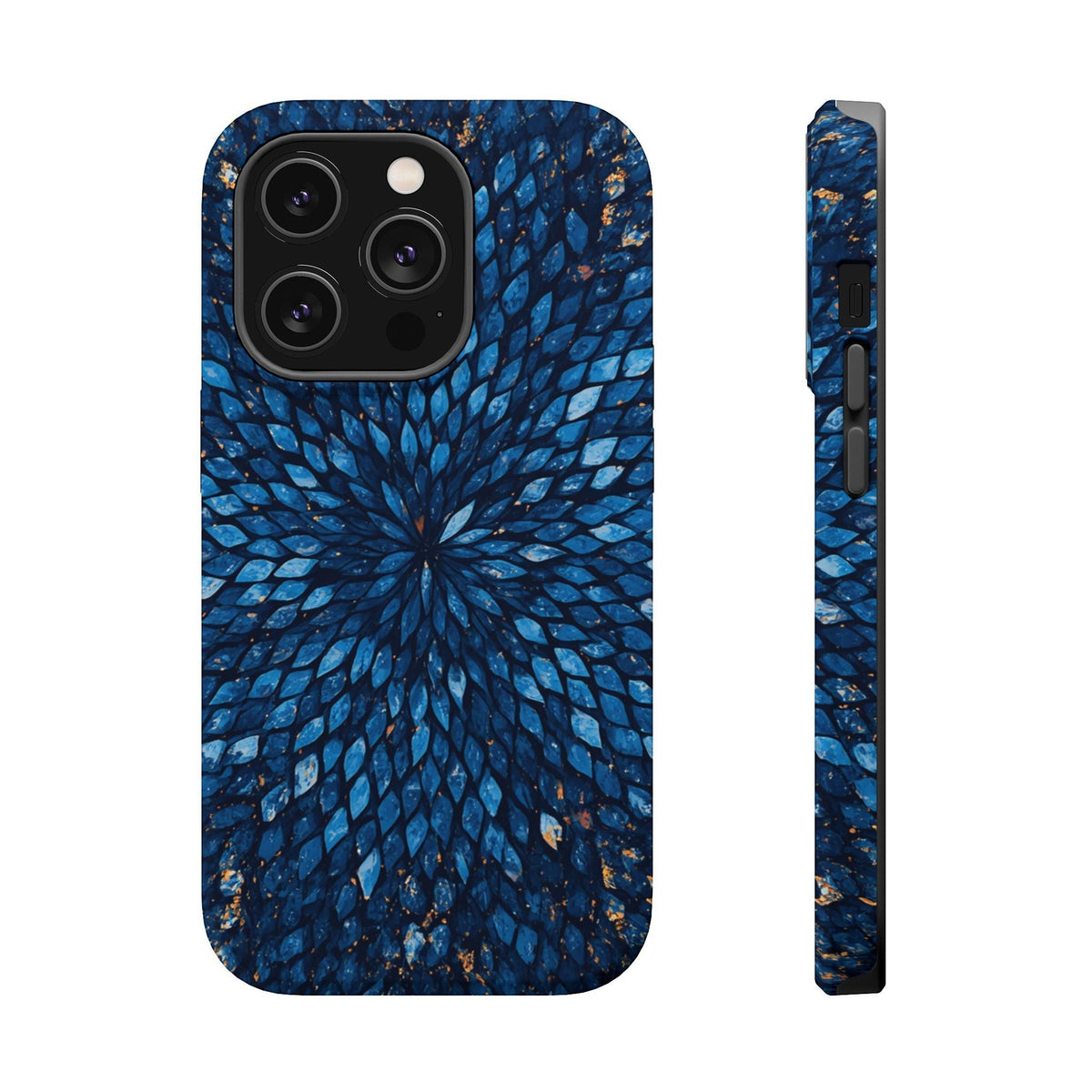 Inspiring Phone Cases Glass Feathers magnetic case for iPhone and Samsung in vibrant blue with feather pattern.