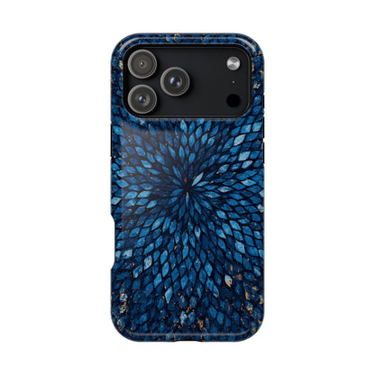 Inspiring Phone Cases Glass Feathers magnetic phone case with a vibrant blue layered feather pattern on a smartphone.