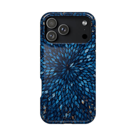 Inspiring Phone Cases Glass Feathers magnetic phone case with a vibrant blue layered feather pattern on a smartphone.