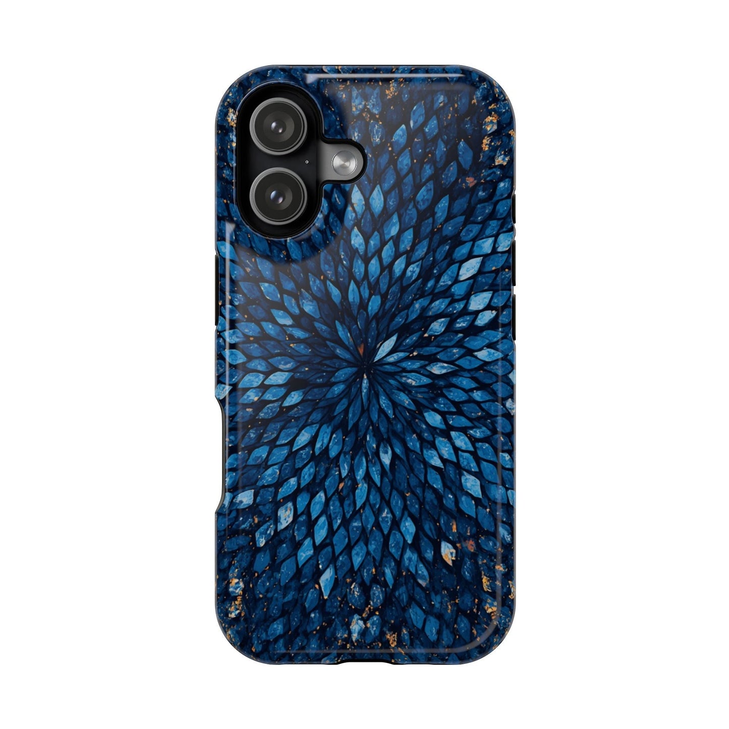 Inspiring Phone Cases magnetic phone case with a vibrant blue glass feather pattern and gold accents.