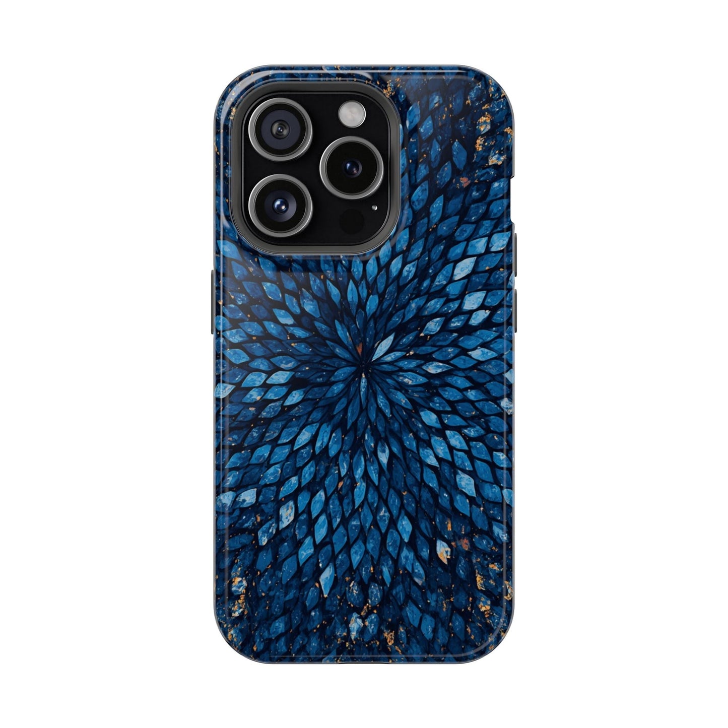 Inspiring Phone Cases magnetic phone case with a vibrant blue glass feather pattern for iPhone and Samsung Galaxy.