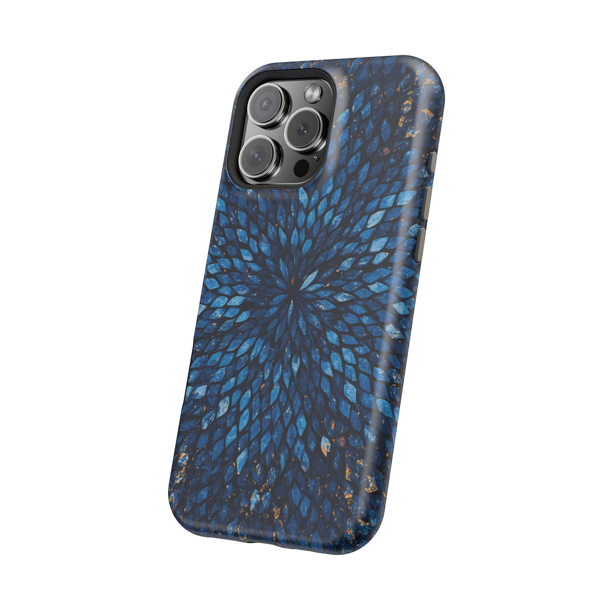 Inspiring Phone Cases Glass Feathers magnetic phone case in vibrant blue with a detailed feather pattern.
