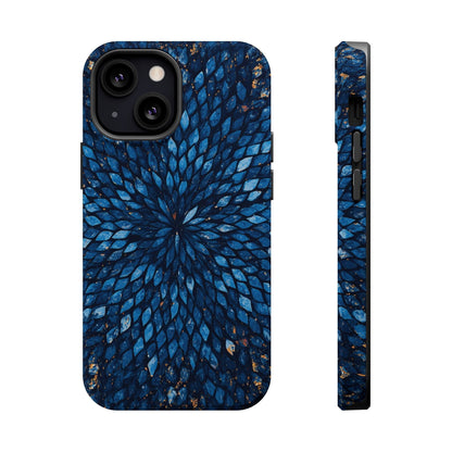 Inspiring Phone Cases Glass Feathers magnetic phone case in vibrant blue with a detailed feather pattern.