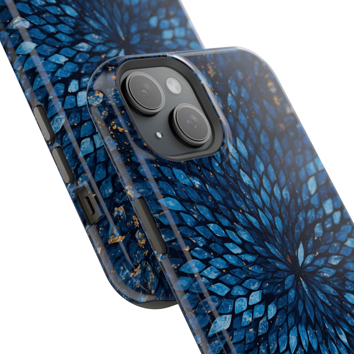 Inspiring Phone Cases Glass Feathers magnetic phone case with a vibrant blue feather pattern on a white background