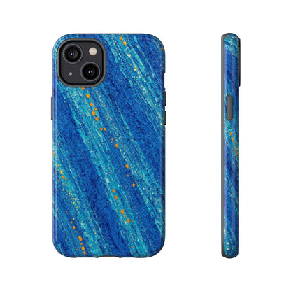 Inspiring Phone Cases cobalt blue drift pattern MagSafe iPhone case with abstract diagonal strokes and orange accents.