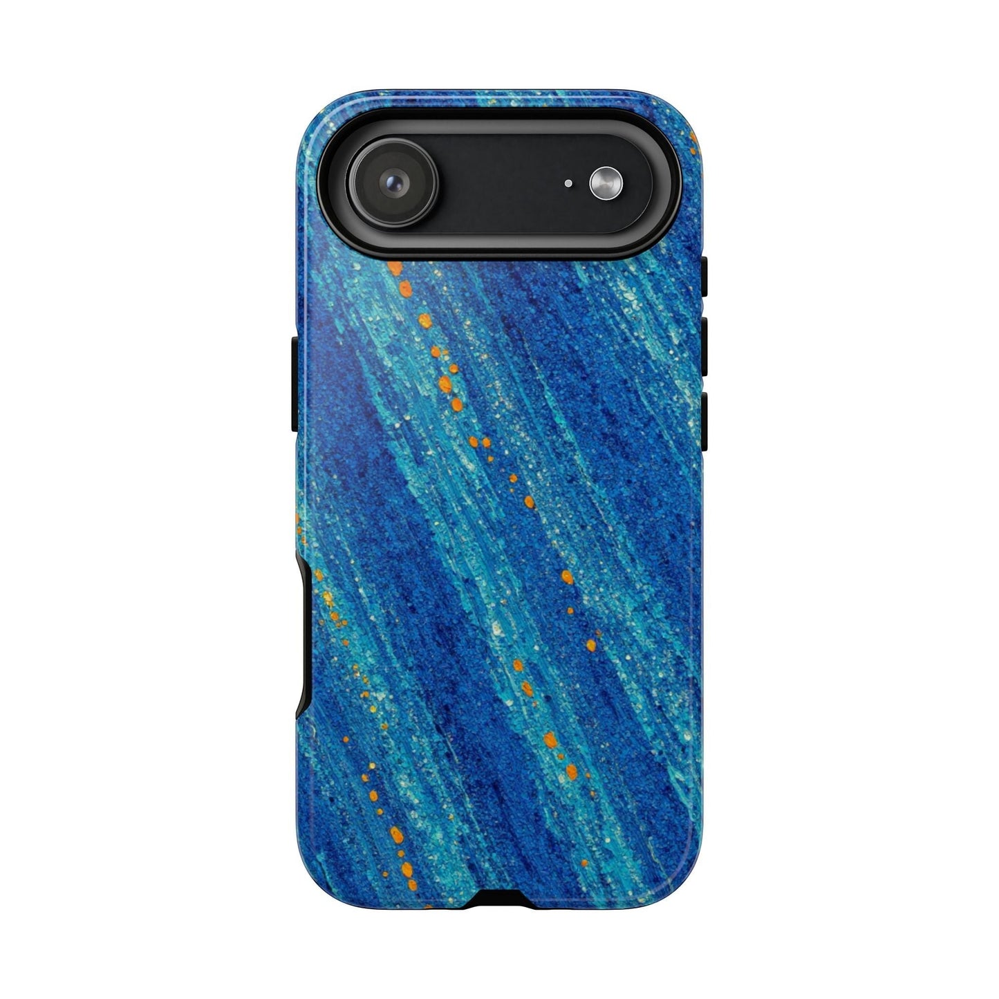 Inspiring Phone Cases cobalt blue MagSafe iPhone case with abstract diagonal brushstrokes and vibrant orange accents.