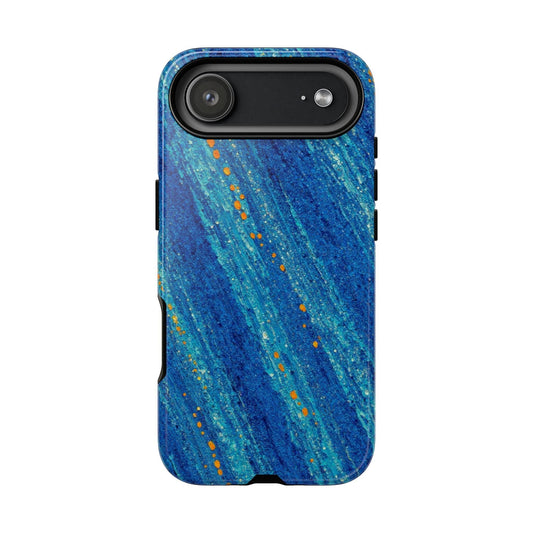 Inspiring Phone Cases cobalt blue MagSafe iPhone case with abstract diagonal brushstrokes and vibrant orange accents.