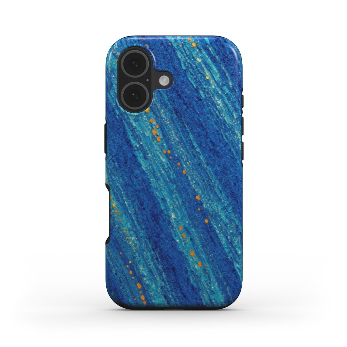 Inspiring Phone Cases cobalt blue MagSafe iPhone case with abstract diagonal brushstrokes and vibrant orange accents