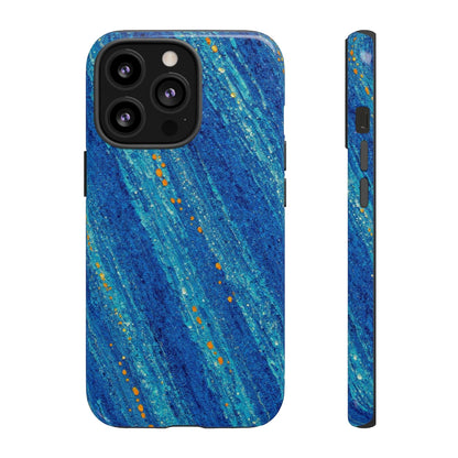 Inspiring Phone Cases MagSafe iPhone case featuring a cobalt blue abstract drift pattern with vibrant orange accents.