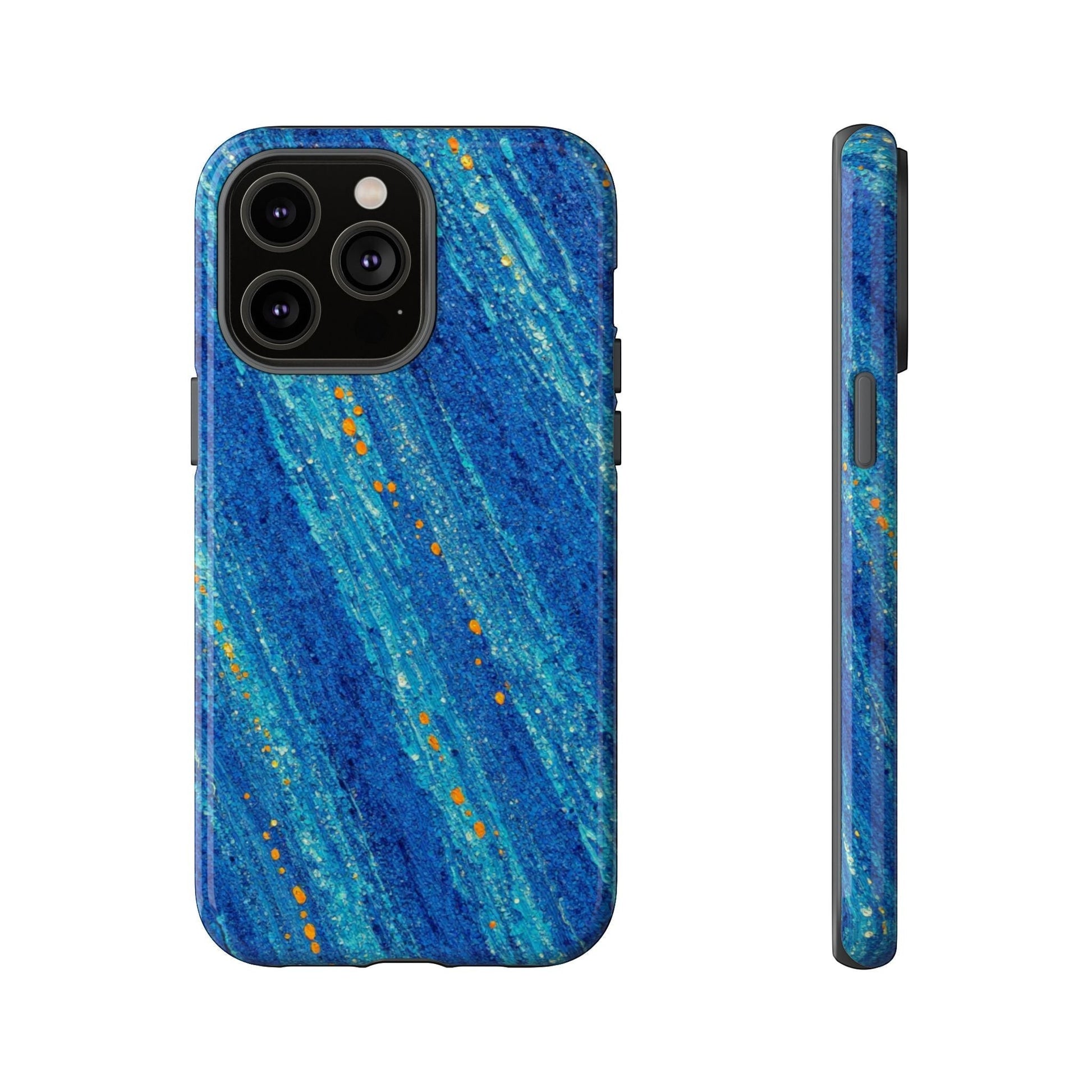 Inspiring Phone Cases cobalt blue MagSafe iPhone case with abstract drift pattern and vibrant orange accents