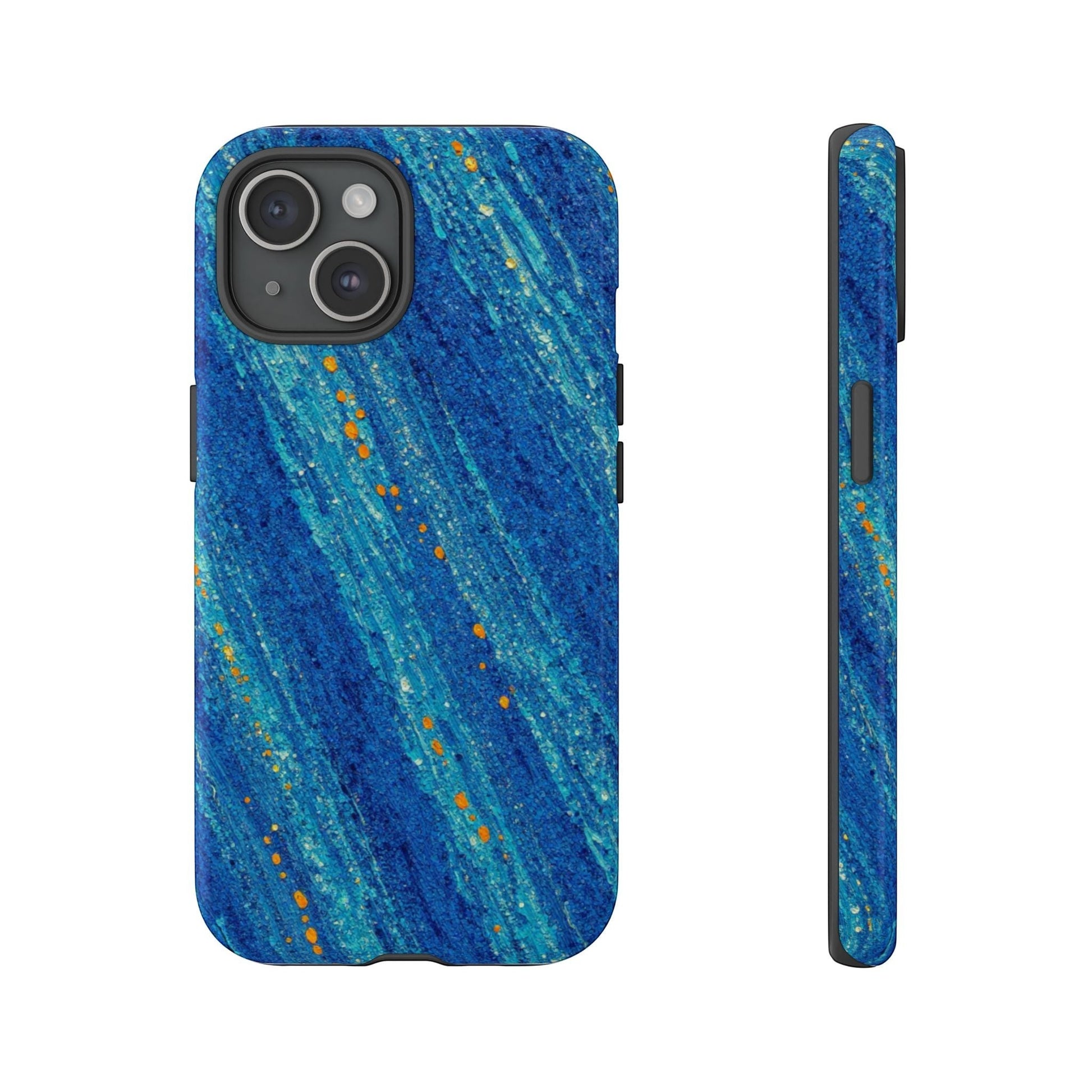 Inspiring Phone Cases cobalt blue MagSafe iPhone case with abstract diagonal brushstrokes and vibrant orange accents.