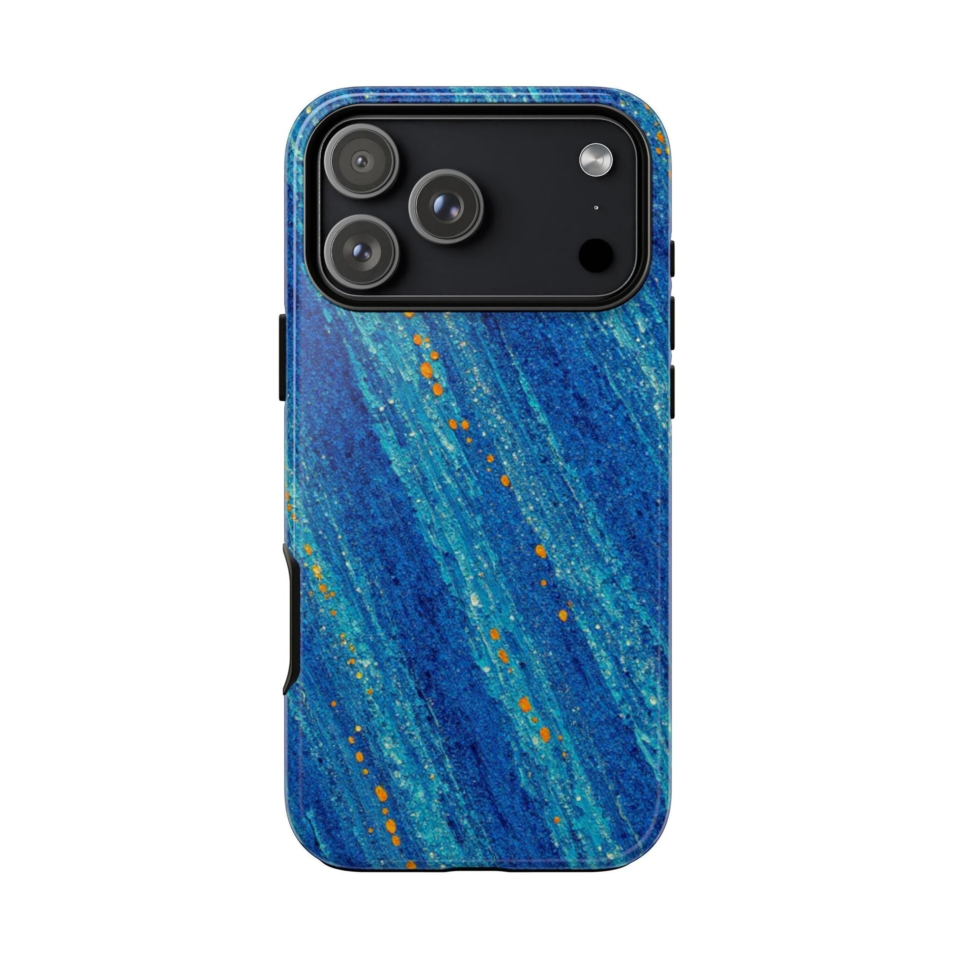 Inspiring Phone Cases MagSafe iPhone case with abstract cobalt blue drift pattern and vibrant orange accents