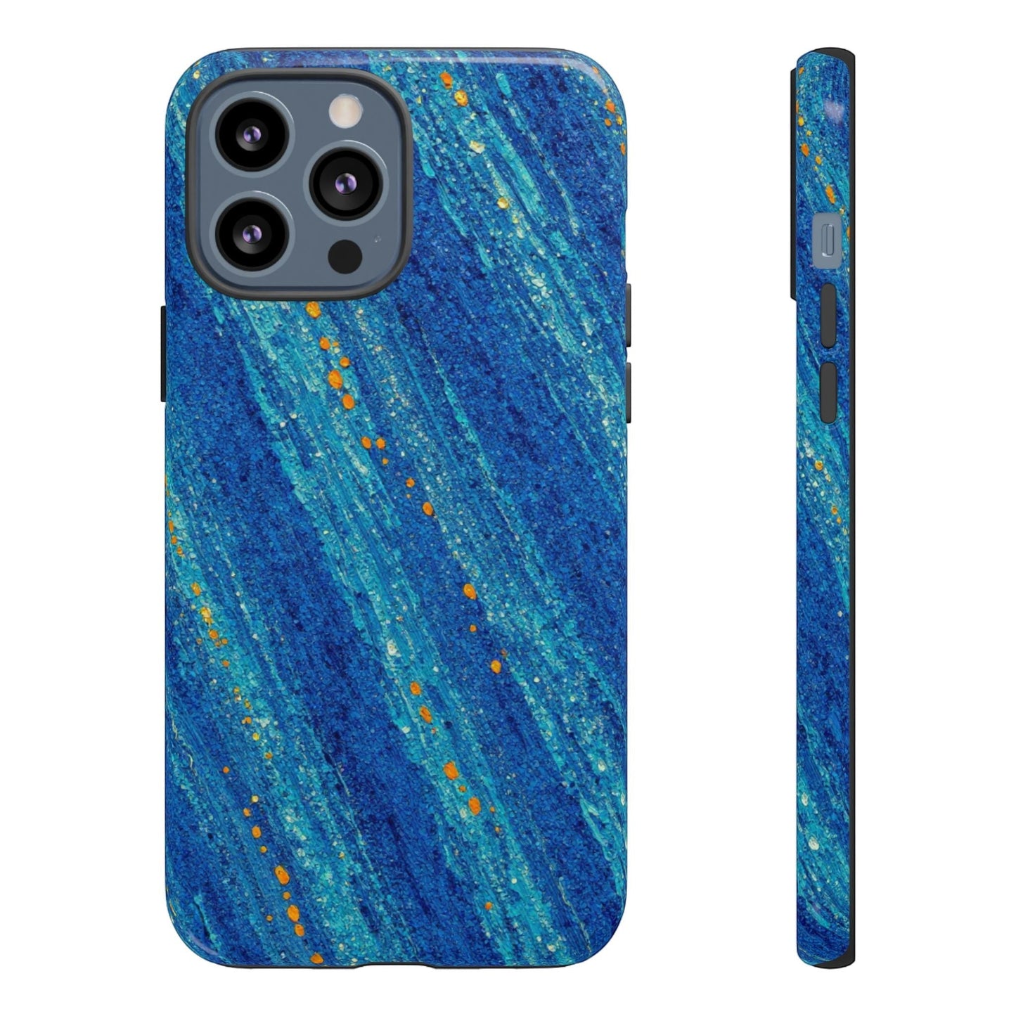Inspiring Phone Cases cobalt blue MagSafe iPhone case with abstract diagonal drift pattern and vibrant orange accents.