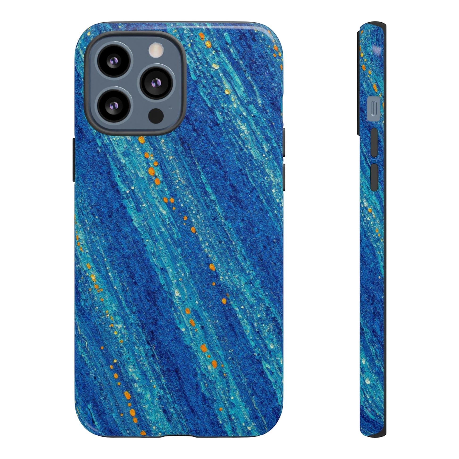 Inspiring Phone Cases cobalt blue MagSafe iPhone case with abstract diagonal drift pattern and vibrant orange accents.