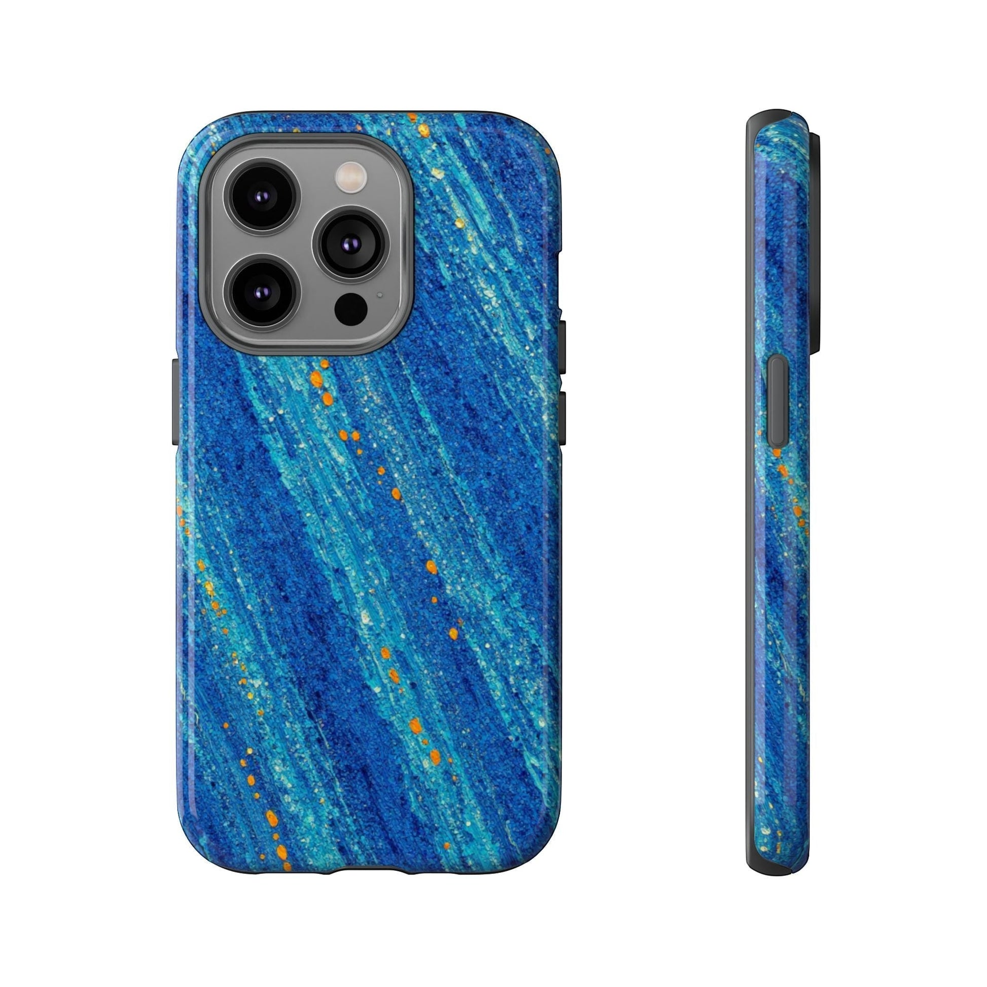 Inspiring Phone Cases cobalt blue MagSafe iPhone case with abstract diagonal drift pattern and vibrant orange accents.
