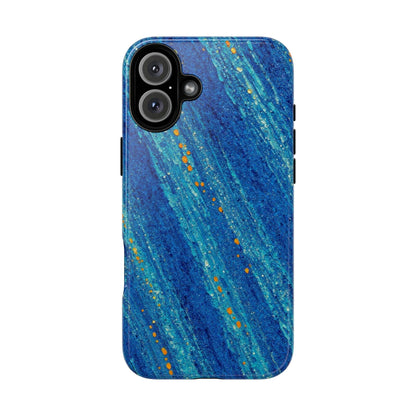 Inspiring Phone Cases cobalt blue iPhone case with abstract diagonal drift pattern and vibrant orange accent flecks