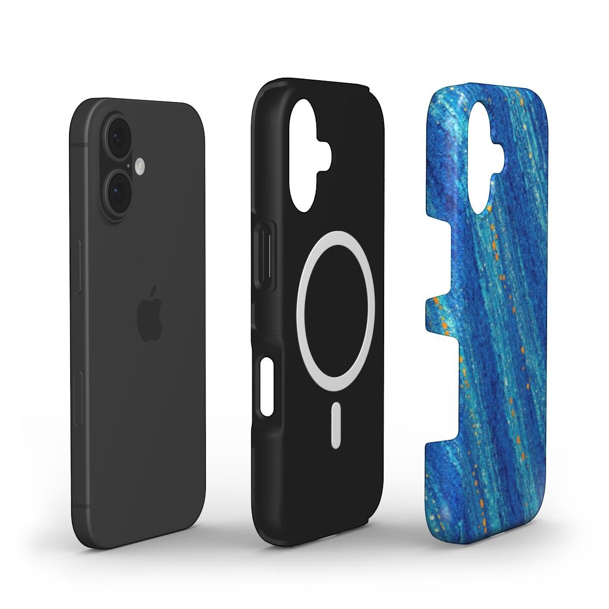 Inspiring Phone Cases Cobalt Blue Drift MagSafe iPhone case showing back, interior, and exterior design views.